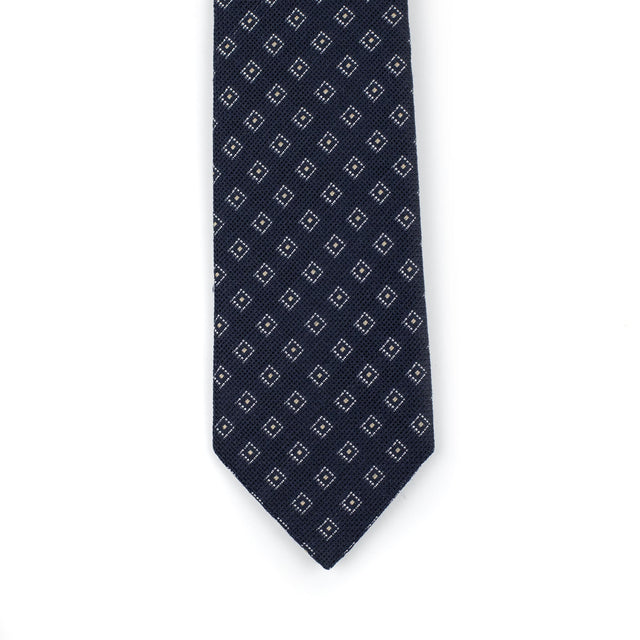 Navy basketweave silk and linen tie, white and gold square neat jacquard