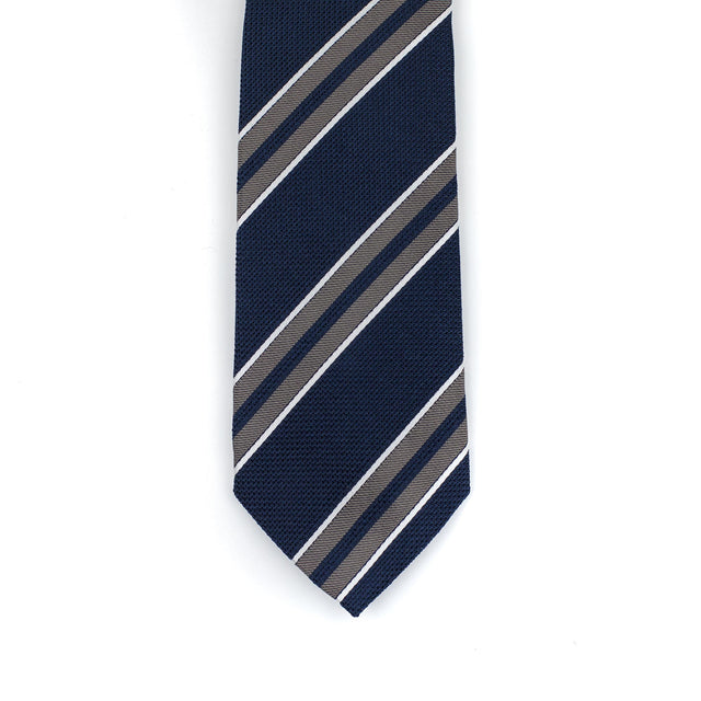 Navy basketweave silk tie, khaki and white stripes