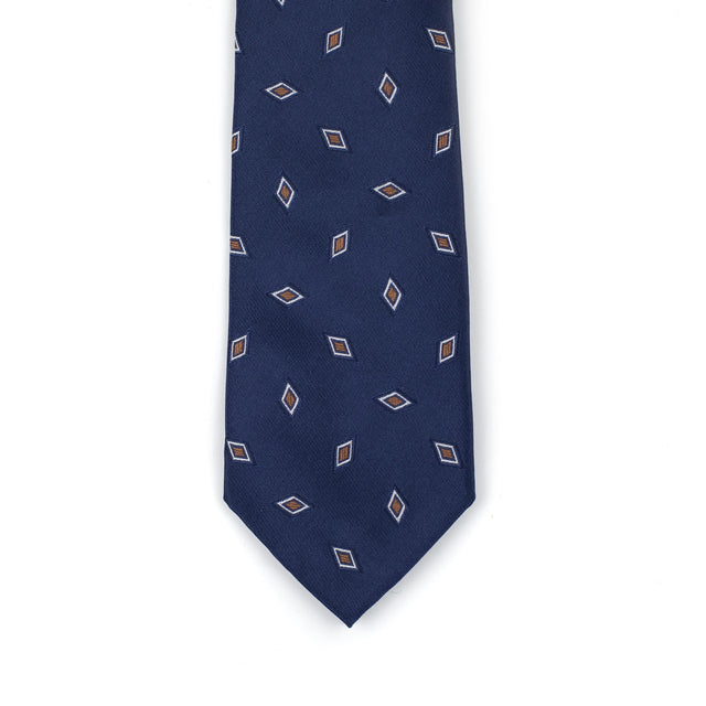Navy woven silk tie, bronze and white retro diamond jacquard