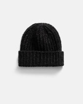 ENGLISH RIB CUFFED BEANIE - FADED BLACK HANDLOOM TWISTED MERINO BOUCLE