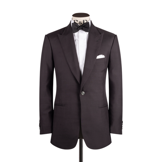 Single Breasted Peak Jacket in Black Raw Silk