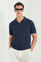 Blue cotton and linen ribbed polo - Made in Italy