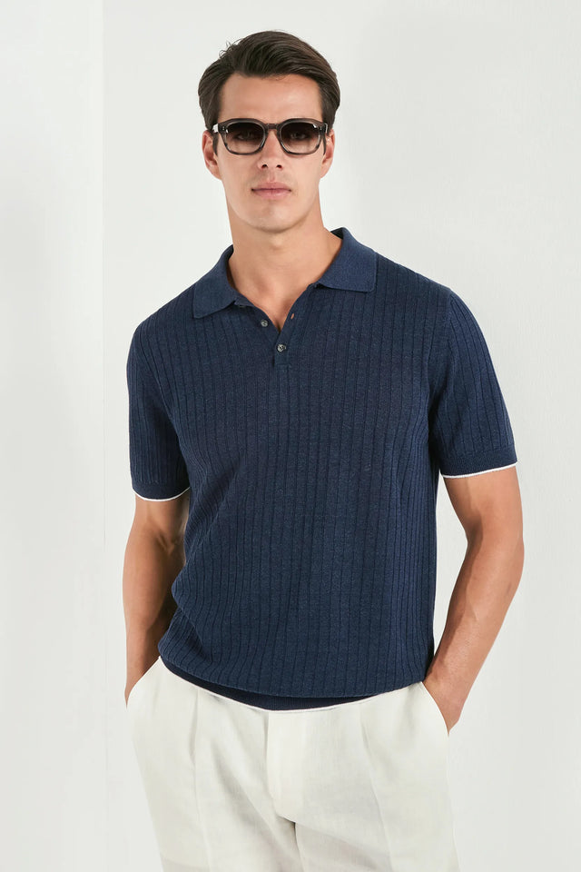 Blue cotton and linen ribbed polo - Made in Italy