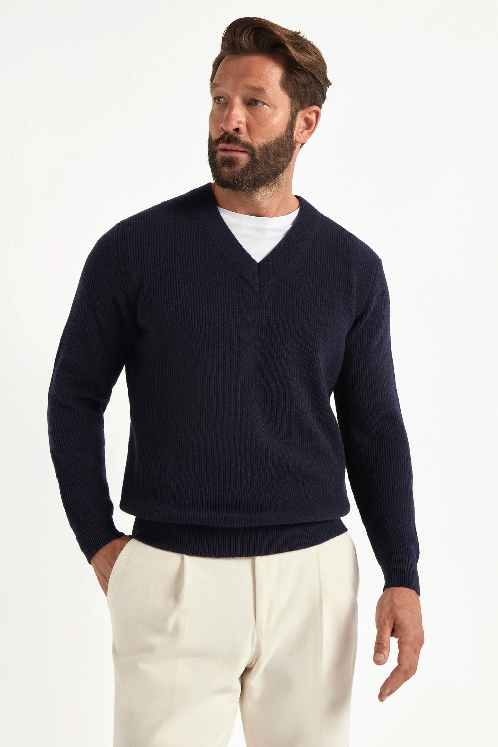 Ribbed V Neck Sweater Made In Italy