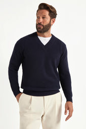 Blue ribbed v-neck sweater - Made in Italy