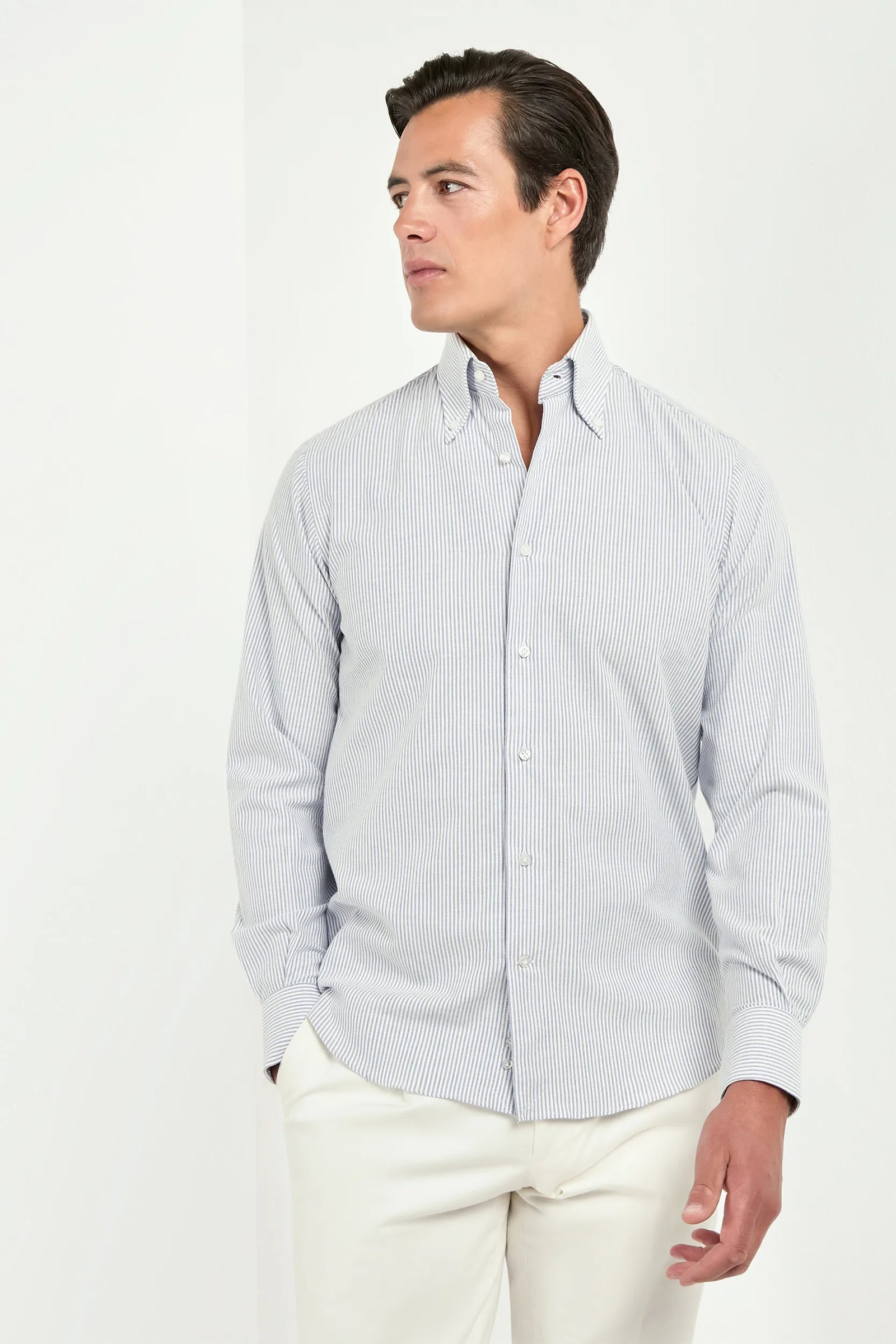 Striped Brushed Cotton Button Down Shirt Made In Italy