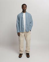 WOLF BUTTON-DOWN SHIRT - CLEARWEATHER BLUE / WHITE / TAN TWISTED STRIPE SUMMER COTTON / LINEN OXFORD