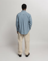 WOLF BUTTON-DOWN SHIRT - CLEARWEATHER BLUE / WHITE / TAN TWISTED STRIPE SUMMER COTTON / LINEN OXFORD