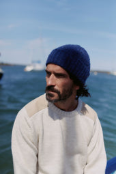 Blue Mogganer Navigator Luxury Merino Alcantara Patched Crew Sweater - Ecru Natural