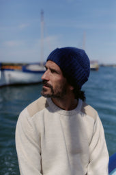 Blue Mogganer Navigator Luxury Merino Alcantara Patched Crew Sweater - Ecru Natural