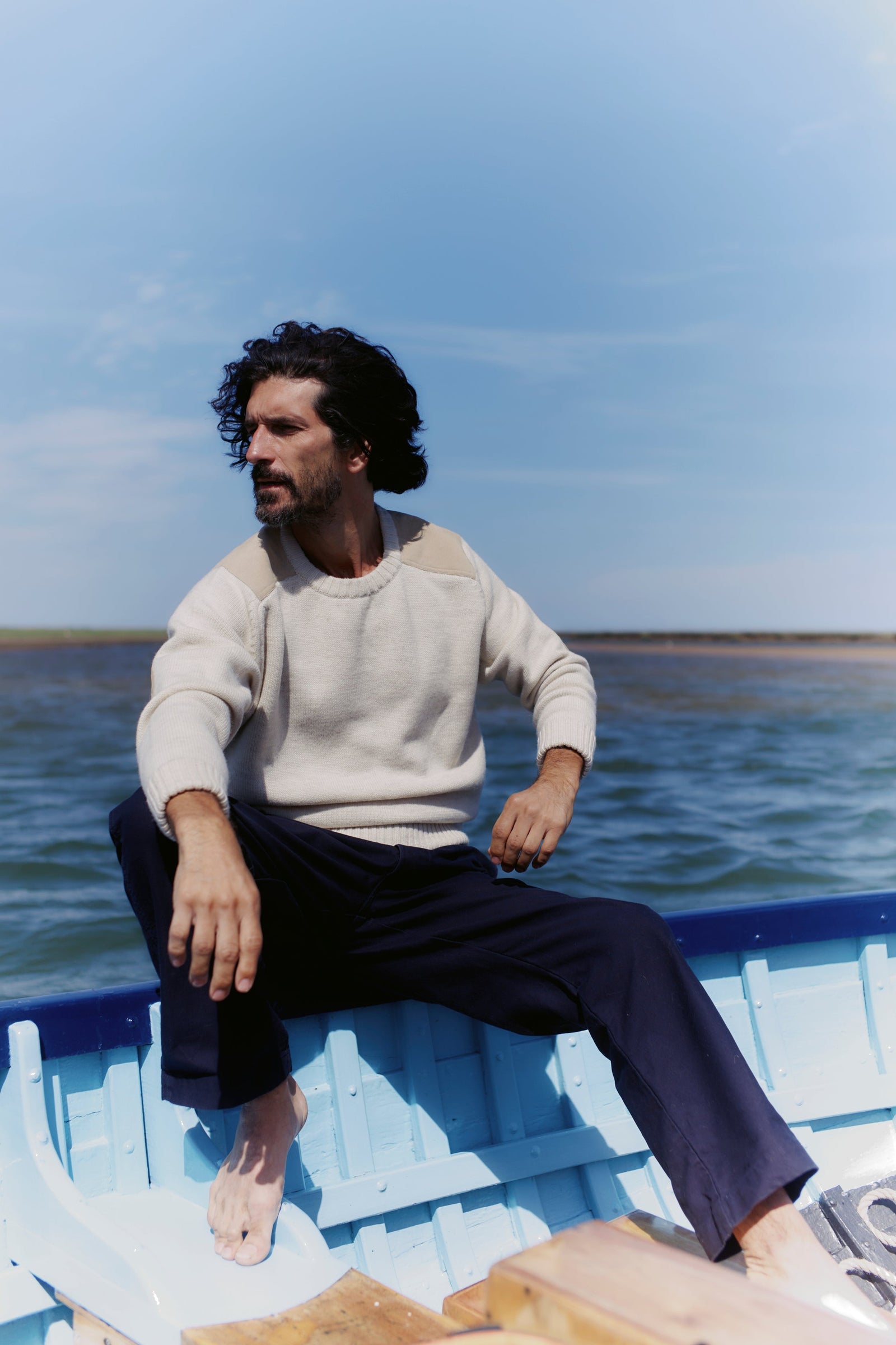 Blue Mogganer Navigator Luxury Merino Alcantara Patched Crew Sweater - Ecru Natural
