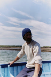 Blue Mogganer Navigator Luxury Merino Alcantara Patched Crew Sweater - Ecru Natural