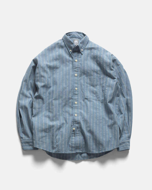WOLF BUTTON-DOWN SHIRT - CLEARWEATHER BLUE / WHITE / TAN TWISTED STRIPE SUMMER COTTON / LINEN OXFORD