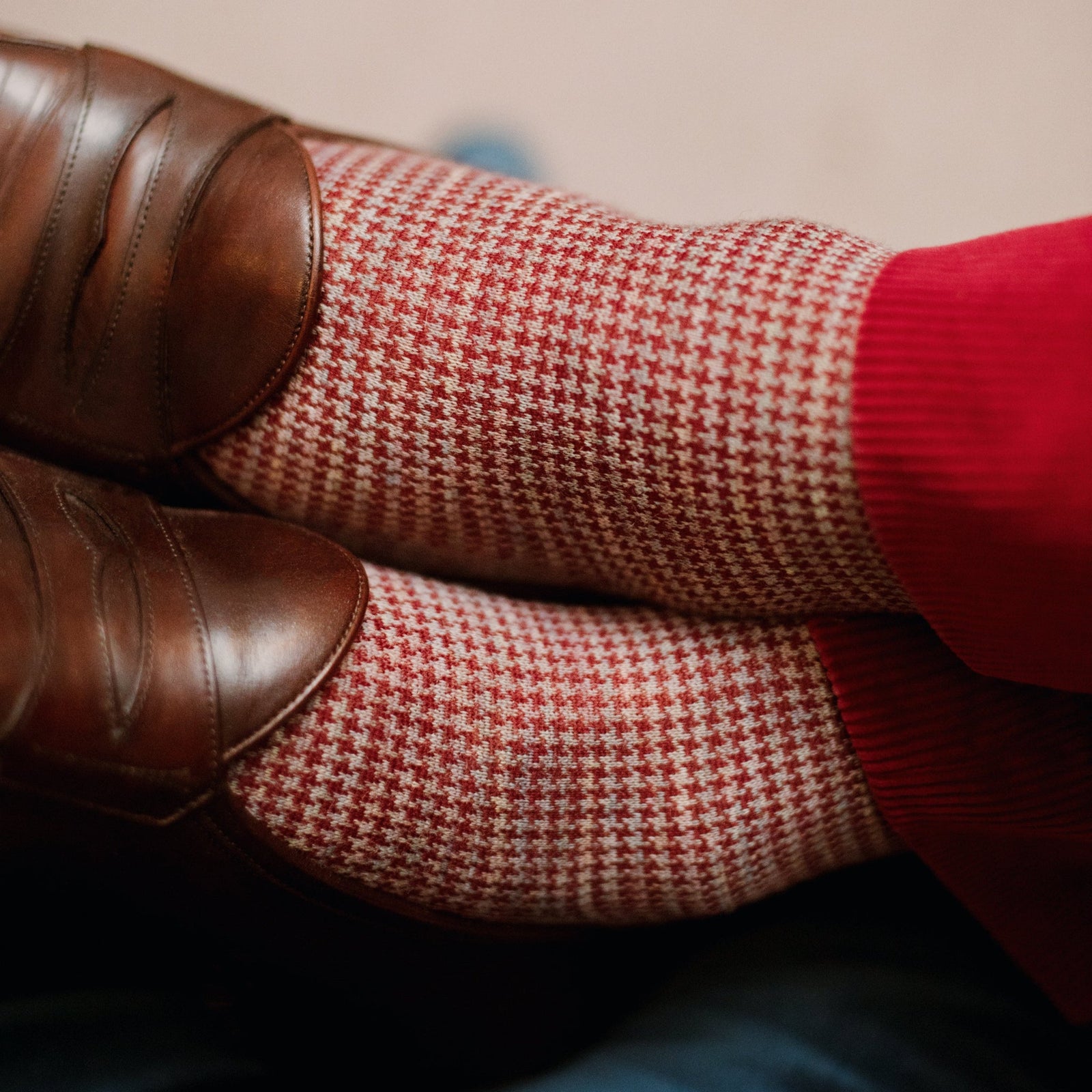 Gris Clair Rouge Pied De Poule Laine