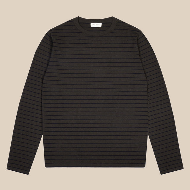 Cashmere cotton breton stripe sweater in olive and navy