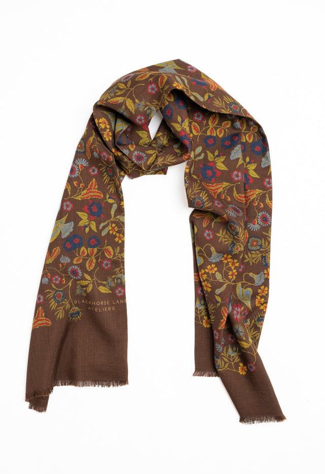 Brown Floral Wool Silk Scarf