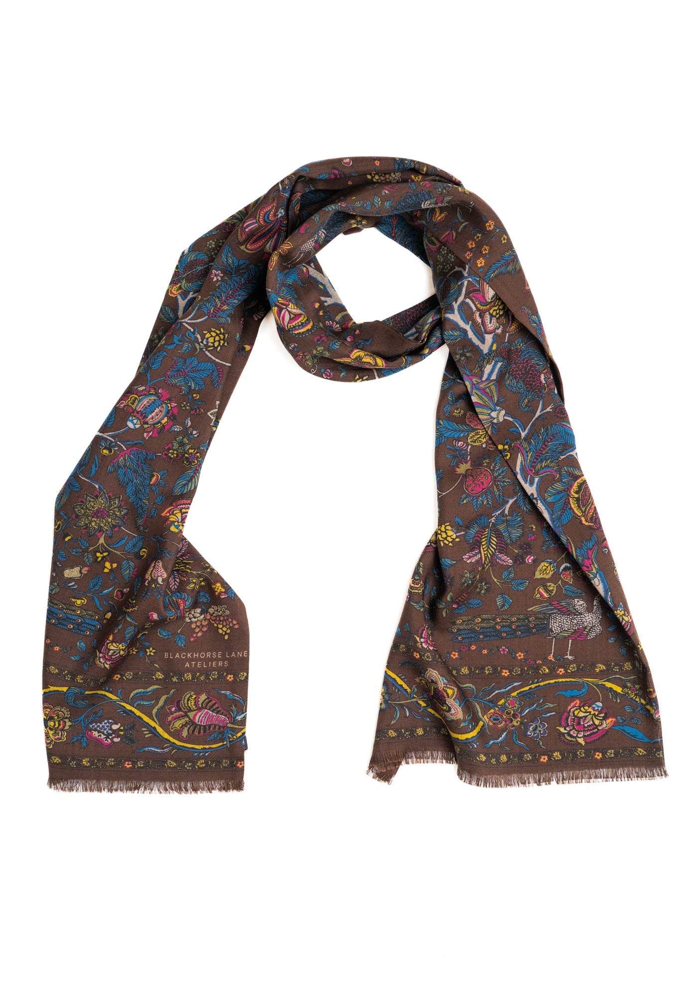 Brown Peacock and Floral Wool Silk Scarf