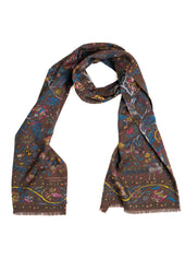 Brown Peacock and Floral Wool Silk Scarf