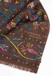 Brown Peacock and Floral Wool Silk Scarf