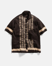 ISLE SS SHIRT - DISCHARGE BLOCK PRINTED FONDENTE BROWN HANDWOVEN COTTON MESH
