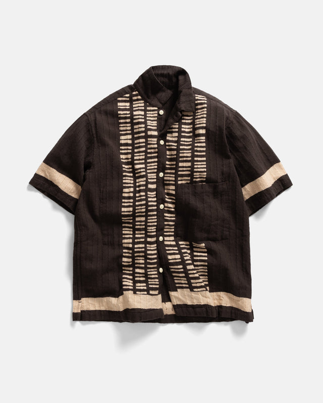 ISLE SS SHIRT - DISCHARGE BLOCK PRINTED FONDENTE BROWN HANDWOVEN COTTON MESH