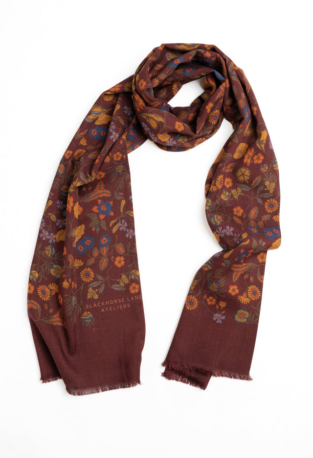 Burgundy Floral Wool Silk Scarf