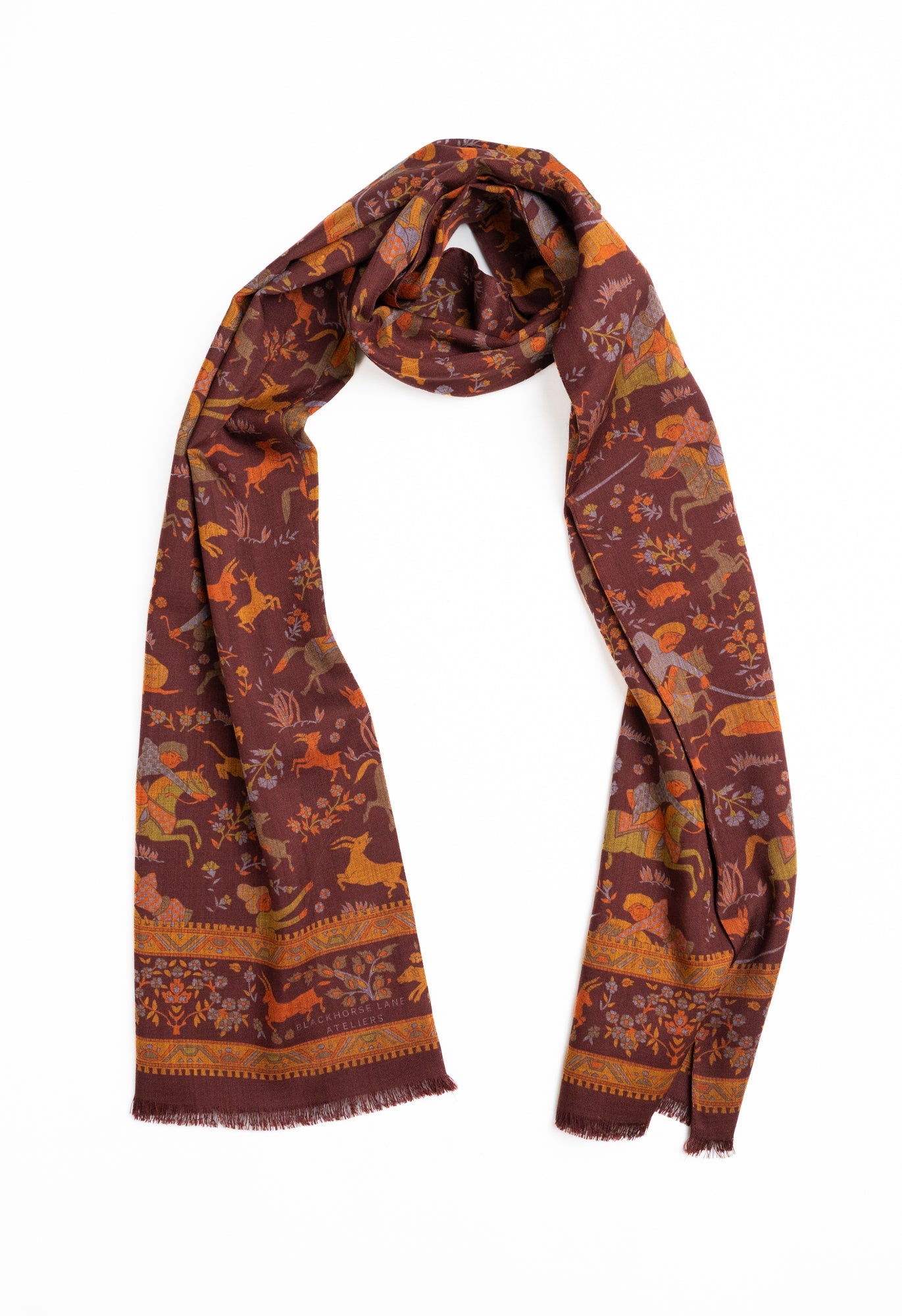 Burgundy Hunting Archers Wool Silk Scarf