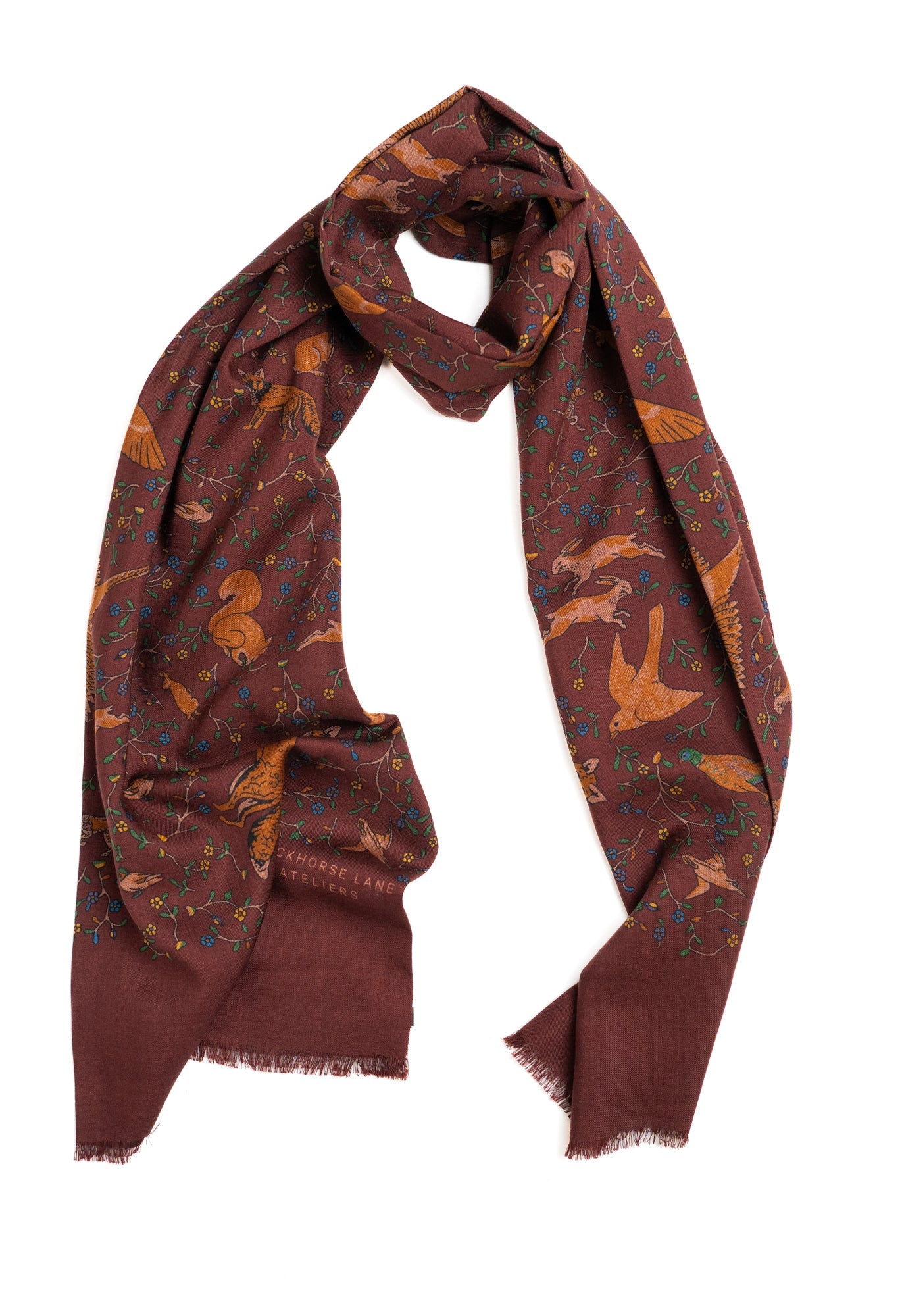 Burgundy Woodland Foxes Wool Silk Scarf