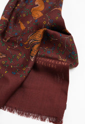 Burgundy Woodland Foxes Wool Silk Scarf