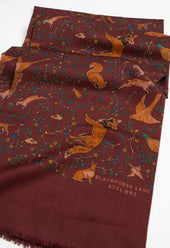 Burgundy Woodland Foxes Wool Silk Scarf