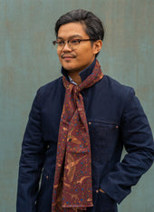 Burgundy Woodland Foxes Wool Silk Scarf