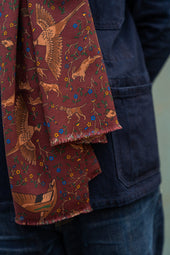 Burgundy Woodland Foxes Wool Silk Scarf