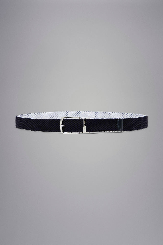 Leather trimmed woven reversible elastic belt