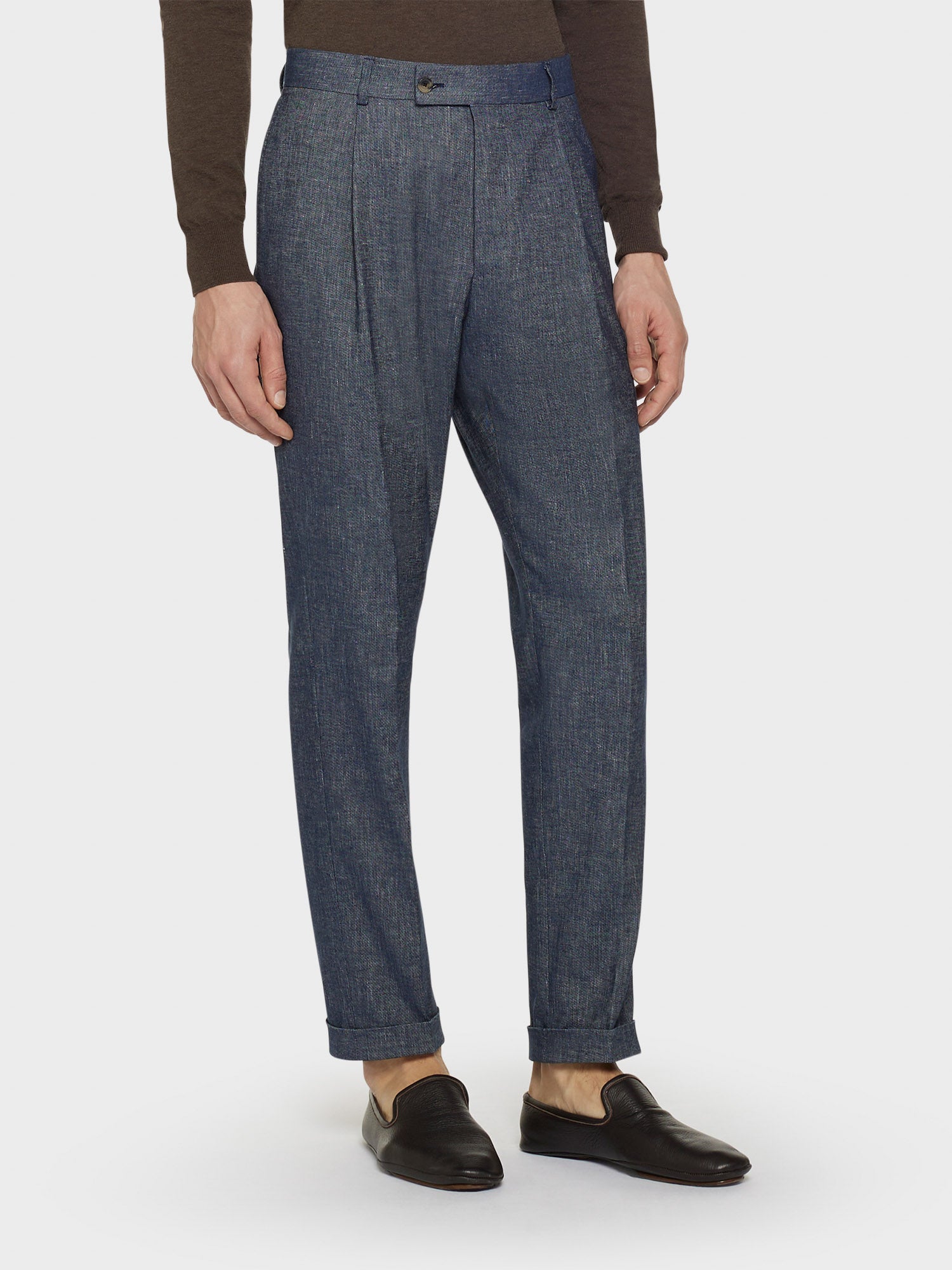 Pantalone Carrot Fit In Lino E Cotone Blu Denim