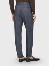 Pantalone Carrot Fit In Lino E Cotone Blu Denim