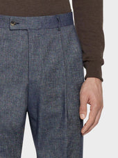 Pantalone Carrot Fit In Lino E Cotone Blu Denim