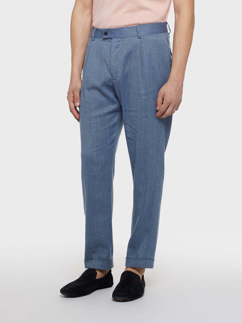 Pantalone Carrot Fit In Lino E Lana Blu