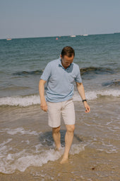 Open Collar Polo In Azure Cotton Pique