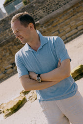 Open Collar Polo In Azure Cotton Pique