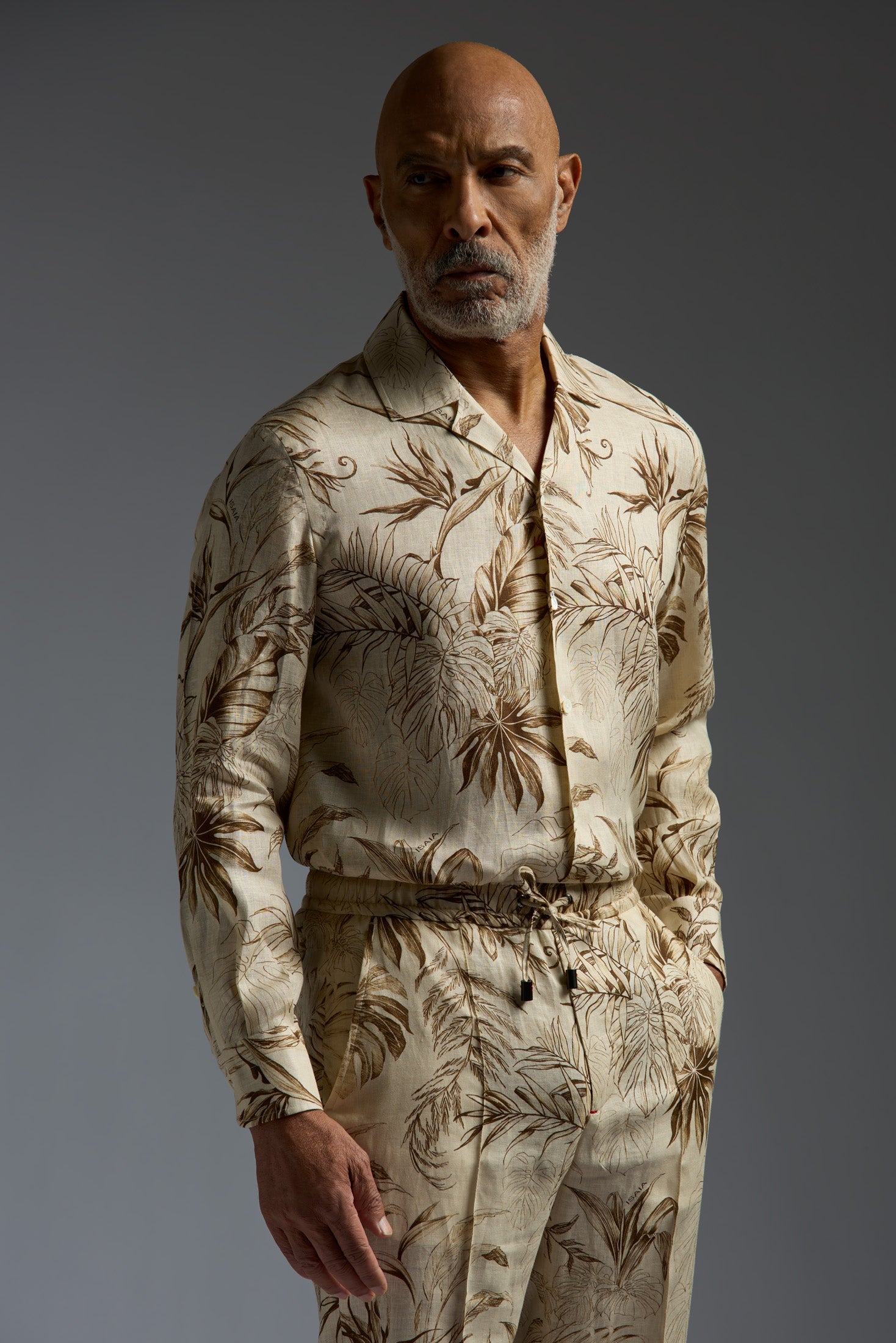 Vegetation Printed Linen Camp Collar Long Sleeves Shirt