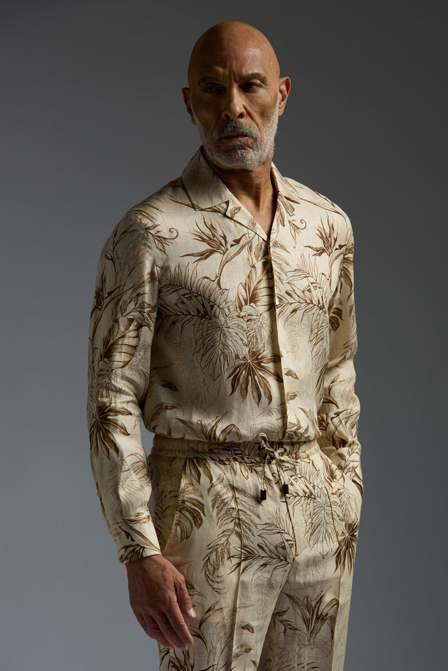 Vegetation Printed Linen Camp Collar Long Sleeves Shirt