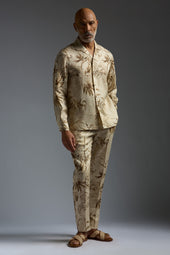 Vegetation Printed Linen Camp Collar Long Sleeves Shirt