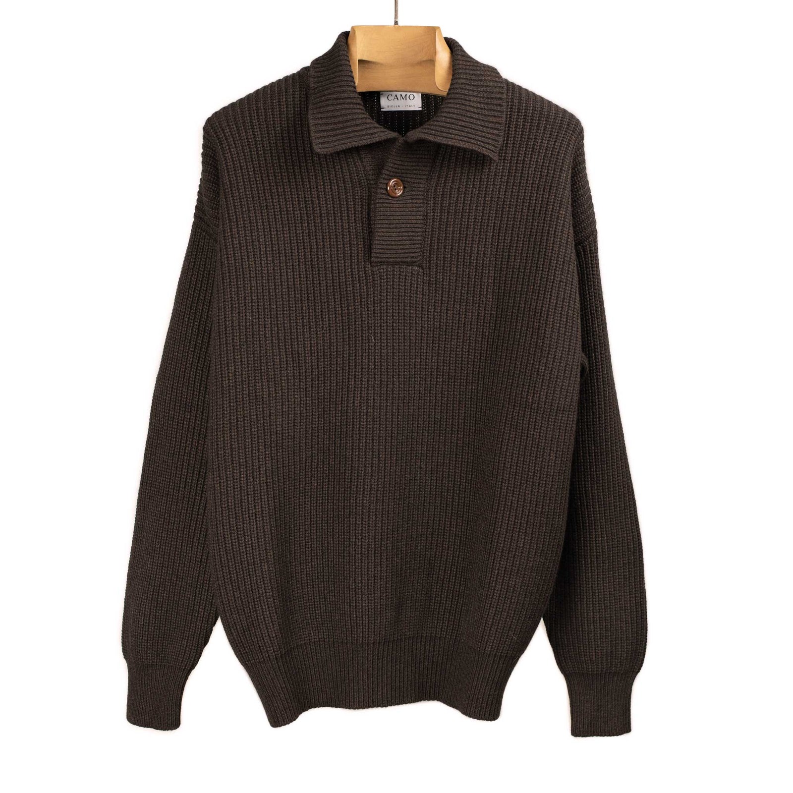 Billy Chunky Ribbed Collared Sweater In Brown Mix Supergeelong Wool Viscose And Cashmere