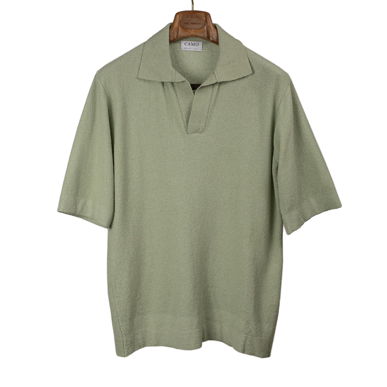 Voltaire Knit Short Sleeve Skipper Polo In Green Cotton Boucle