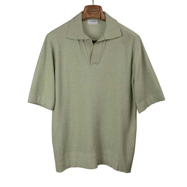 Voltaire knit short sleeve skipper polo in sage green cotton boucle