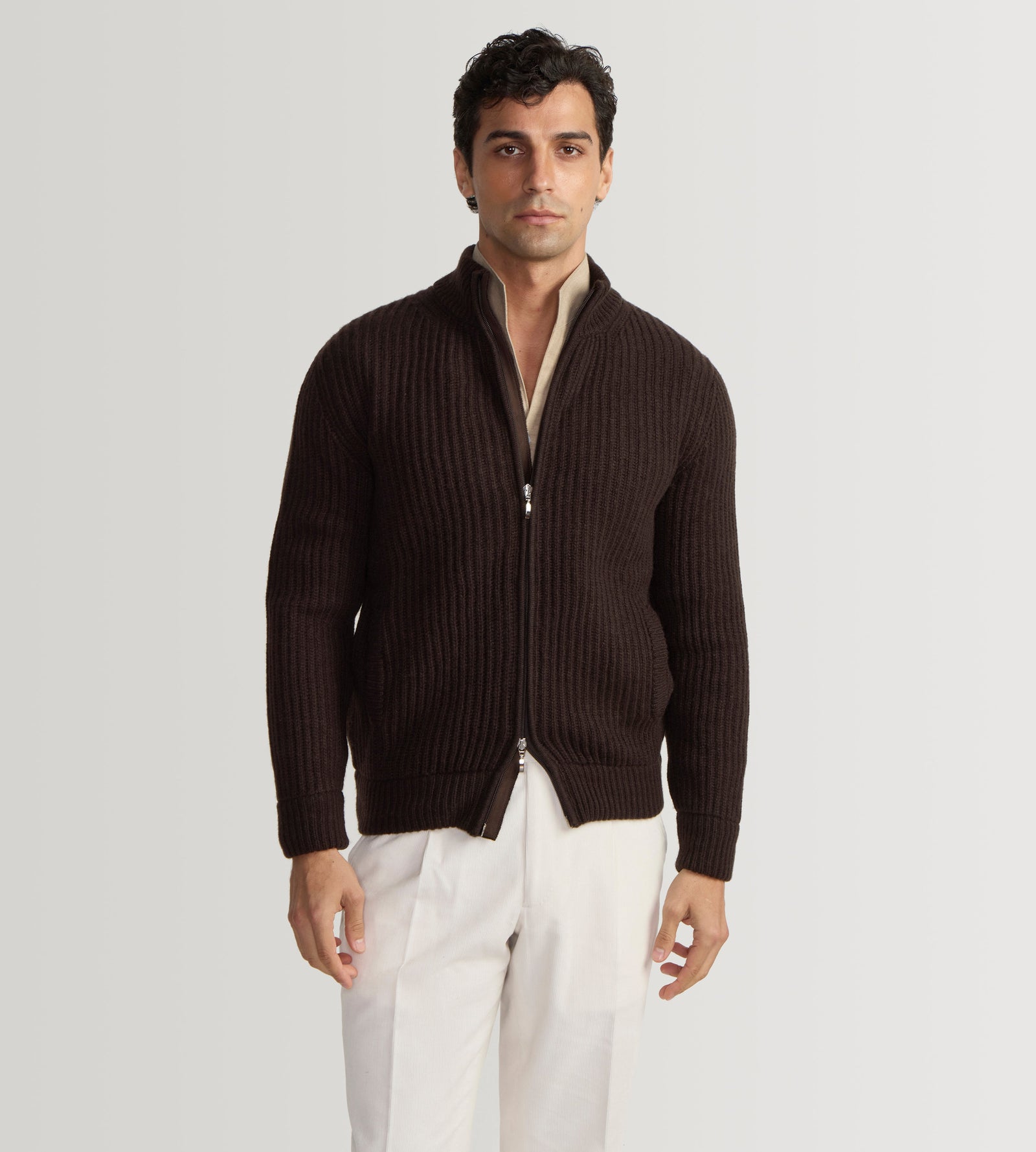 Cardigan zippé à col cheminée en laine et cachemire