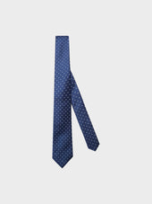 Cravatta Sette Pieghe In Seta Jacquard Blu Con Pois Bianchi