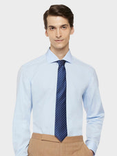 Cravatta classica sette pieghe in seta jacquard blu con pois bianchi