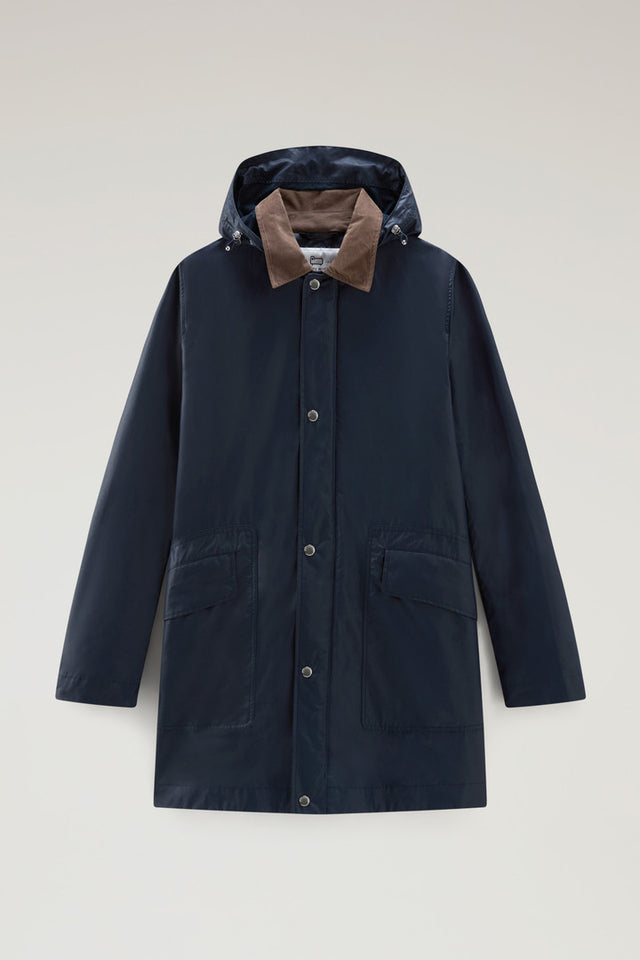Waxed Jacket with Detachable Hood - Men - Blue