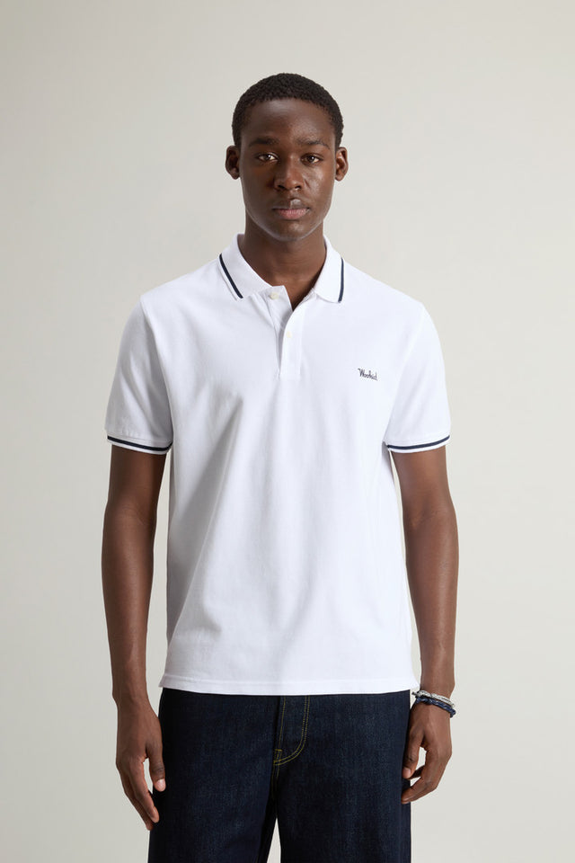 Monterey Polo Shirt in Stretch Cotton Piquet with Striped Edges - Men - White